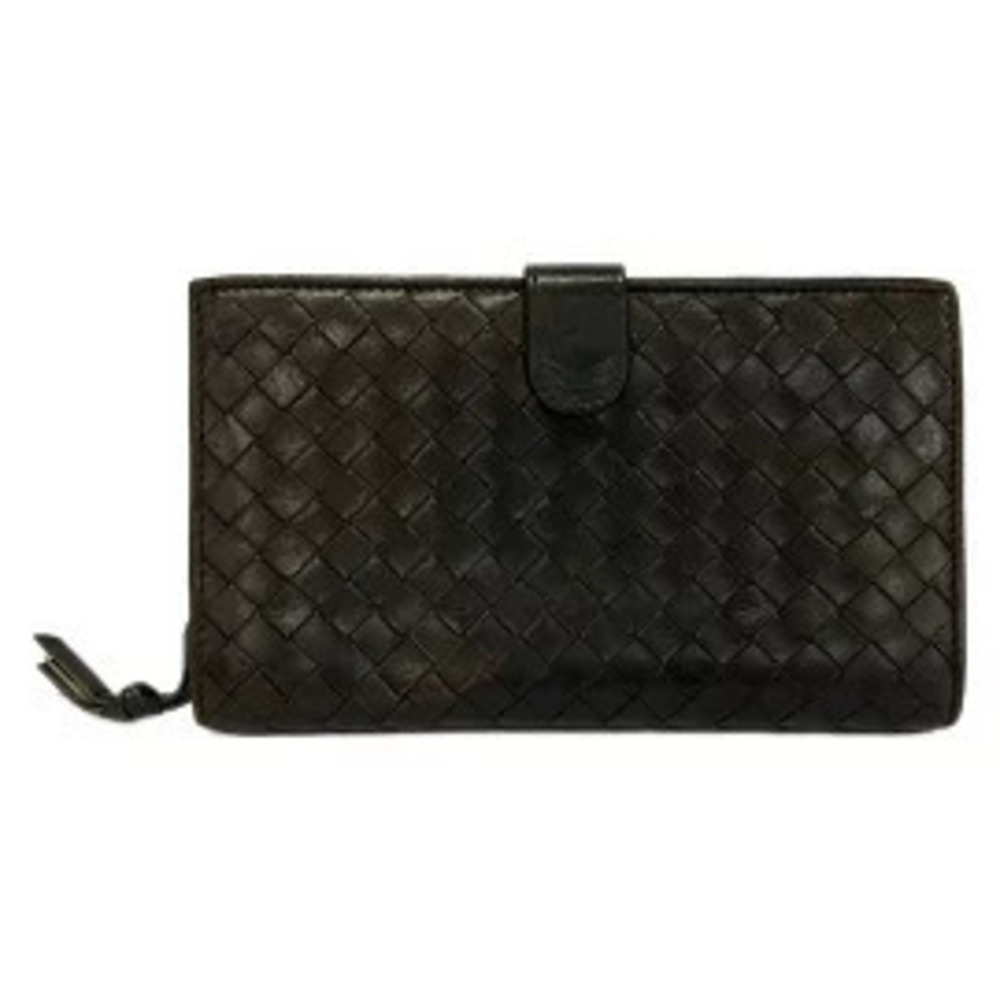 BOTTEGA VENETA Intrecciato Long Wallet Round Zipper Dark Brown Leather